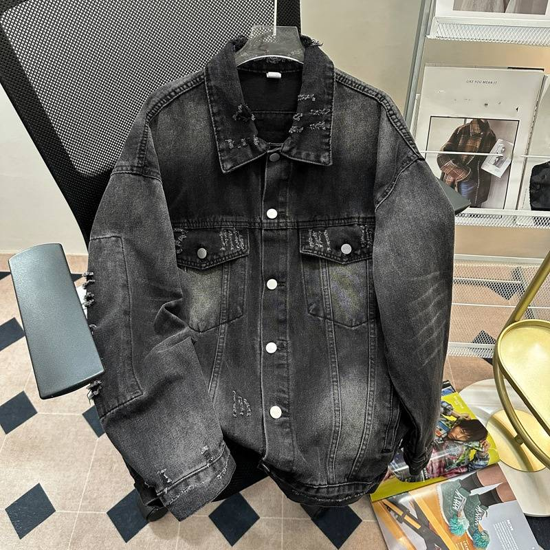 Distressed Denim Jacket Men's High Street Fashion Oversized Workwear Style Vintage Washed Cotton Blend Coat With Multiple Pockets_voghion.com