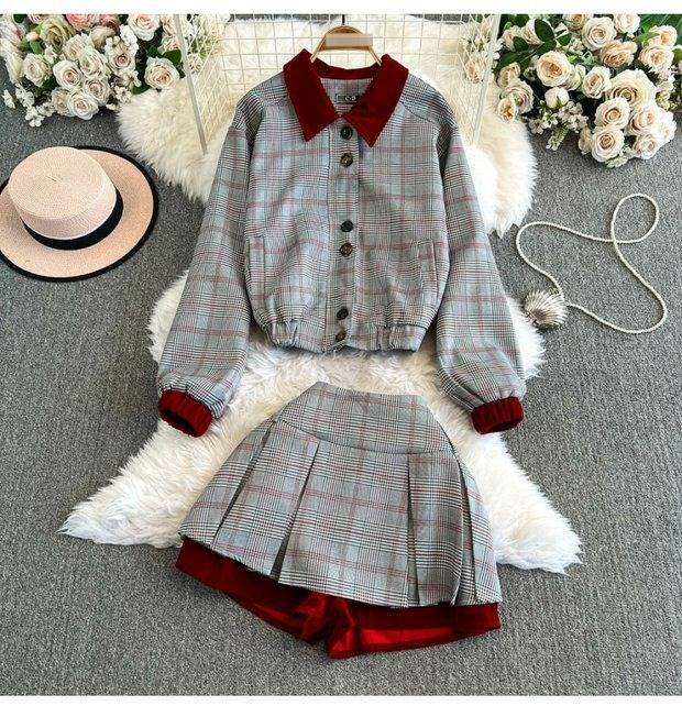 Kadınlar İçin Vintage Ekose Blazer ve Pileli Etek Takımı - Kırmızı ve Siyah Kışlık Rahat İki Parçalı Kıyafet_voghion.com