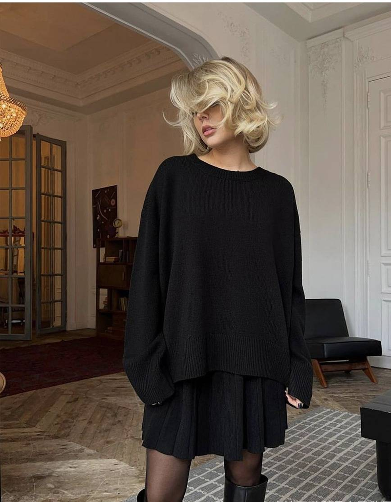 Women's Solid Color Round Neck Sweater With Pleated Skirt Set - Soft Knit Cozy Outfit For Fall Winter Casual Wear_voghion.com