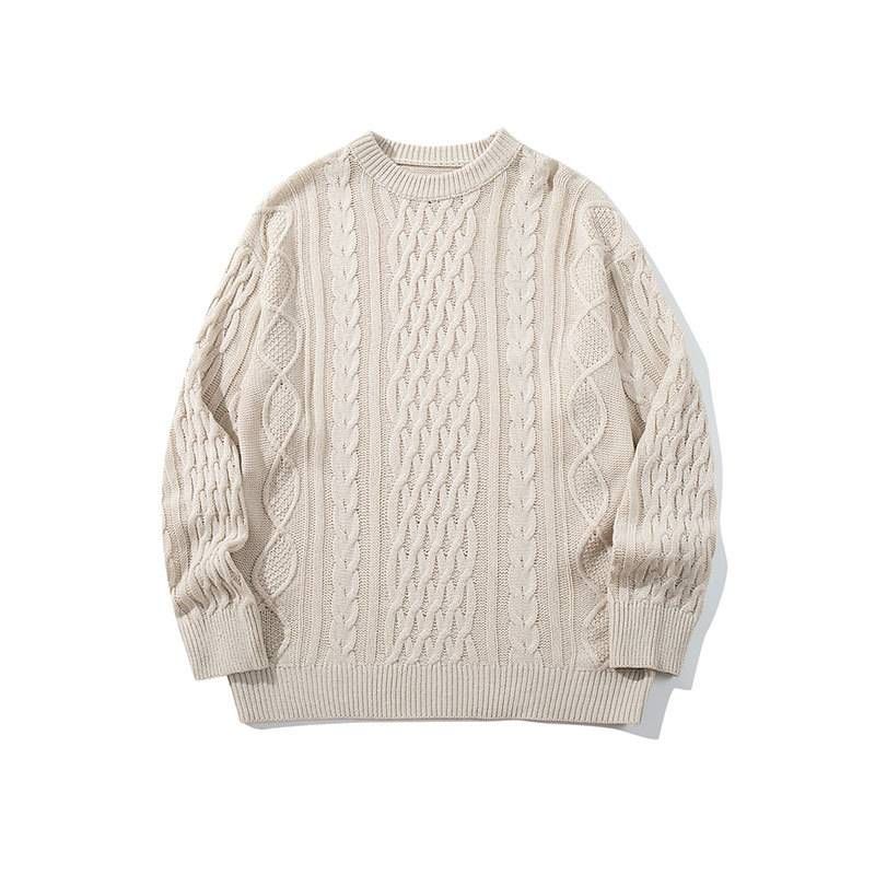 Suéter de punto trenzado grueso: jersey extragrande de cuello redondo para hombre y mujer (beige, tallas S/M/L/XL)_voghion.com