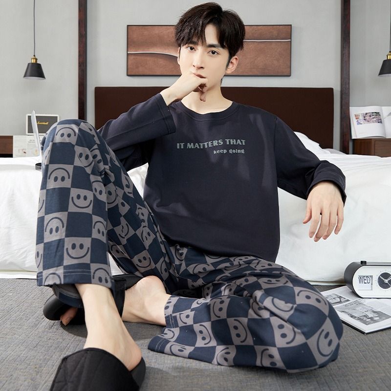 Pajamas Men In Autumn, Cotton Pullover, Long Sleeved, Loose Fit, Plus Size, Men's Home Suit For Autumn_voghion.com