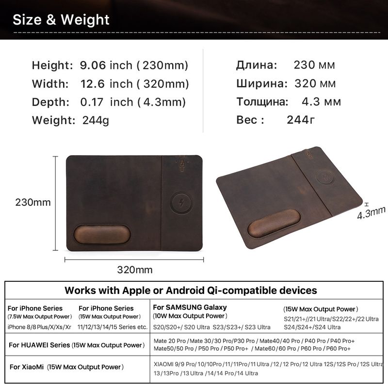 15W Wireless Fast Chargers Pad With Genuine Leather Charging Mouse Mat For PC Computers Laptops Office Accessories_voghion.com