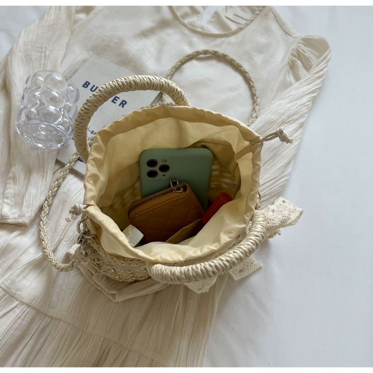 Straw Bag Woven Bag Mori Straw Bag Female Crossbody Beach Holiday Beach Bag Portable Bucket Bag_voghion.com