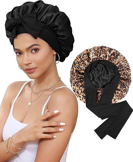 Cura e acconciatura dei capelli Cappello rotondo con fiocco in raso a doppio strato Cappello di seta per la cura dei capelli Cappello a tesa larga Cappello da notte per donna_voghion.com