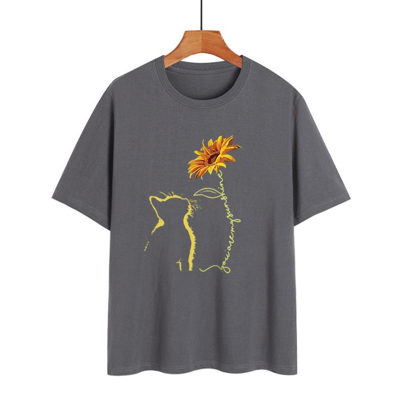 women's tops sunflower cat print loose round neck short sleeve large size T-shirt_voghion.com