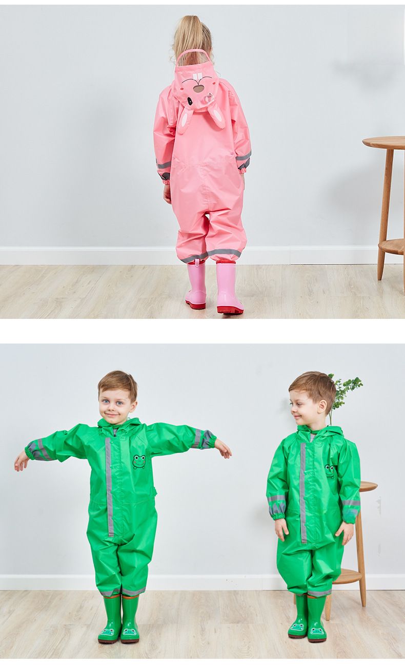 Cross-border three-dimensional boys and children's conjoined raincoat girls light hooded children's poncho reflective strip factory direct sales_voghion.com