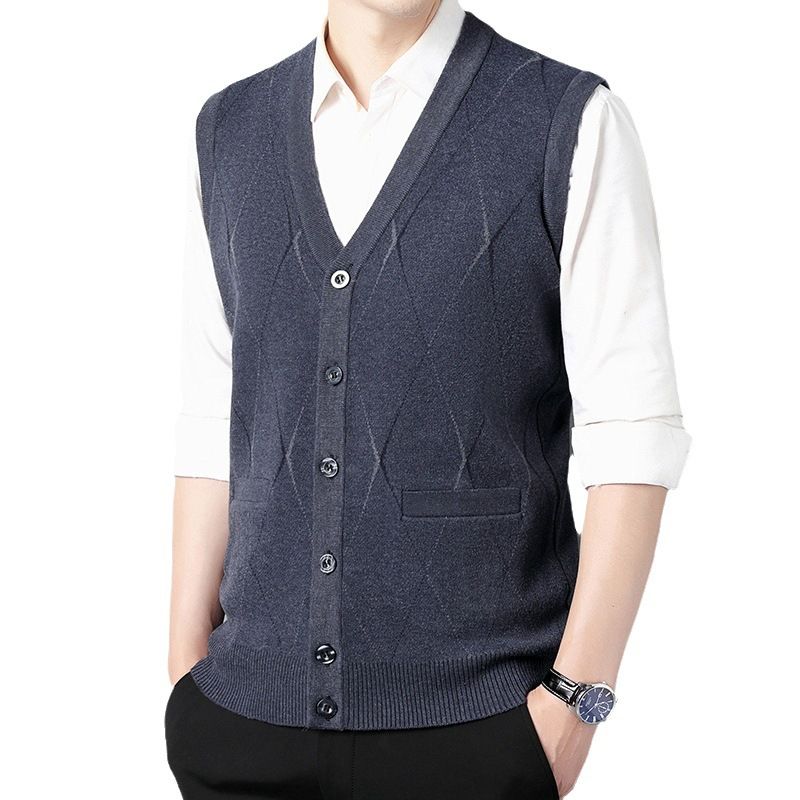 Gilet sans manches pour hommes d'âge moyen et âgés, cardigan à col en V, pull tricoté, poche d'automne pour papa_voghion.com