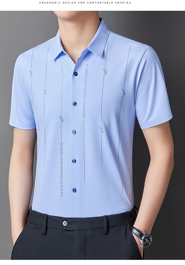 Camicia da uomo a maniche corte in seta ghiaccio CT, estiva, casual, elasticizzata, non stirabile, sottile, versatile e traspirante_voghion.com