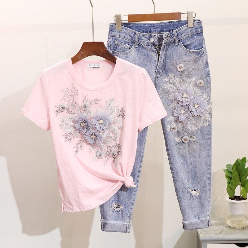Denim Set Women's Summer 2025 New Beaded Embroidered 3D Flower Short Sleeved T-shirt+distressed Cropped Jeans_voghion.com