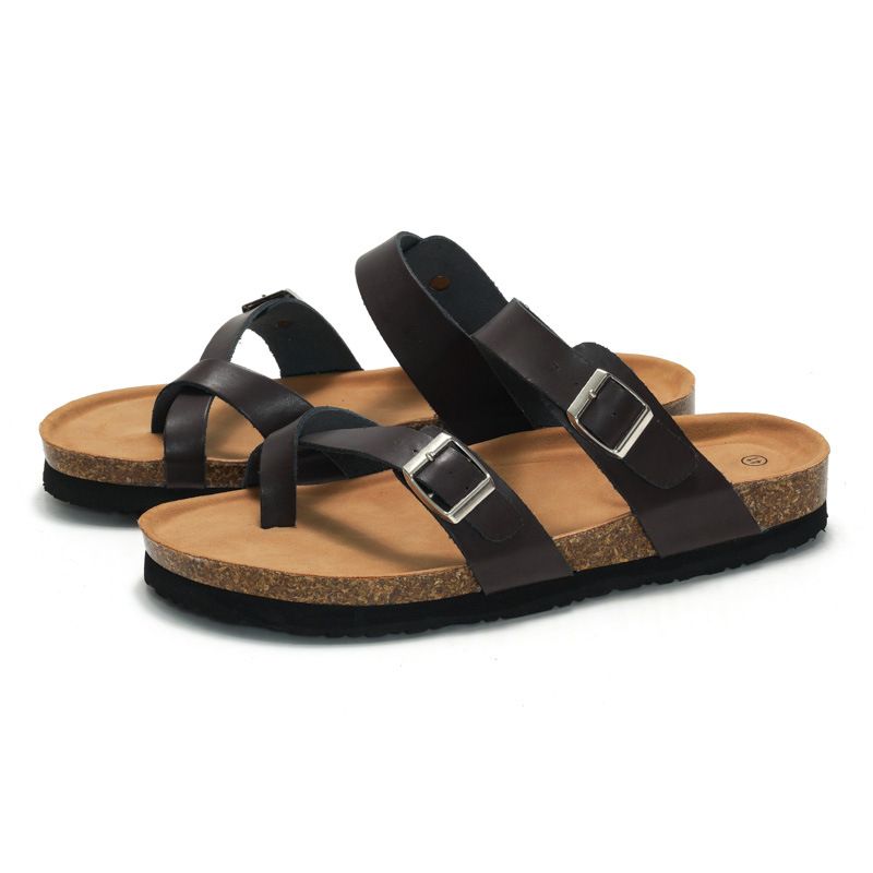 STOCK New Cork Flip-Flops Cross Strap Men's Sandals Student Beach Shoes_voghion.com