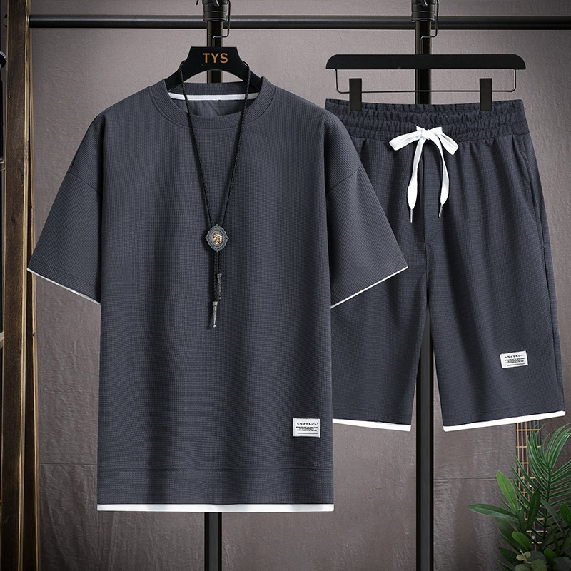 Waffel-Kurzes Herren-T-Shirt mit lockerem Halbarm, lässig, für den Sommer, zweiteilig_voghion.com