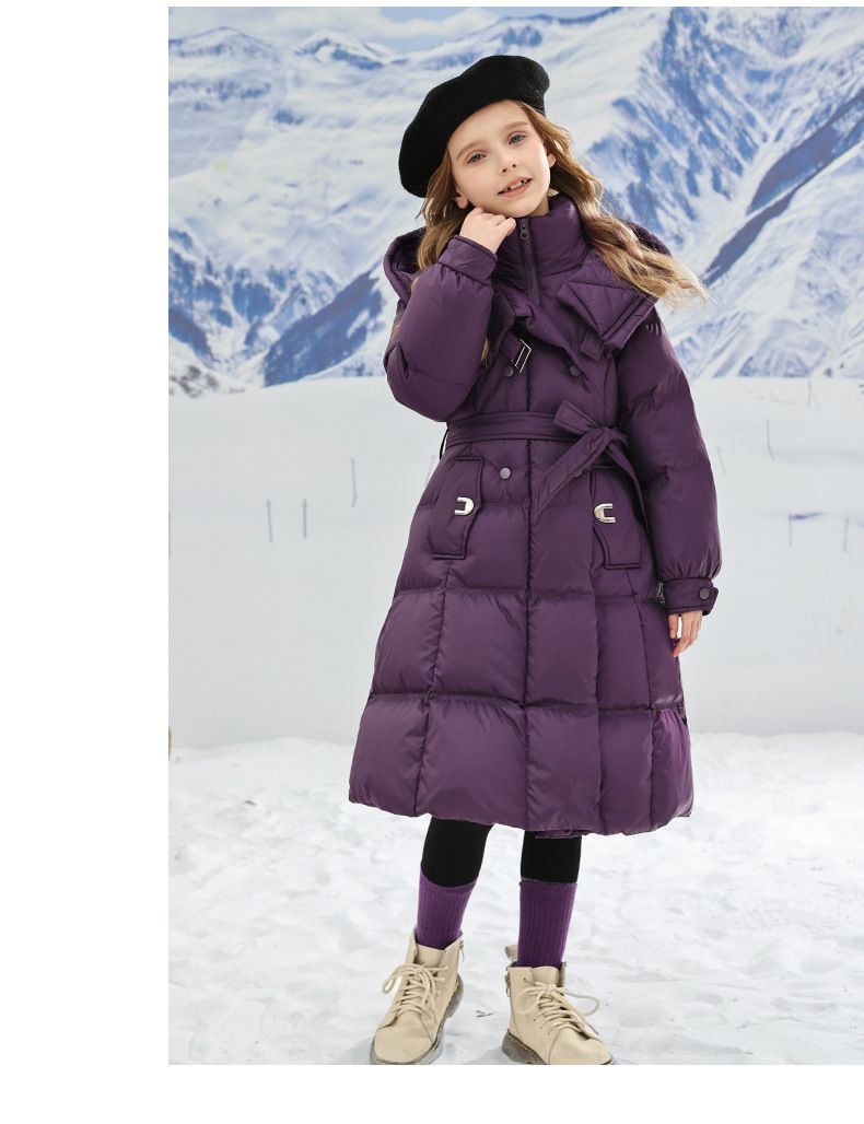 Mädchen Daunenbaumwolle verdickt und warm, lange Länge Jacke, stilvoll, mittlere bis große Größe, tailliert, Kinder 2024_voghion.com