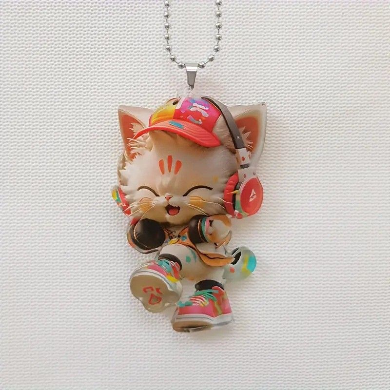 Nuovo ciondolo portachiavi con decorazione per auto a forma di gatto musicale in acrilico piatto_voghion.com