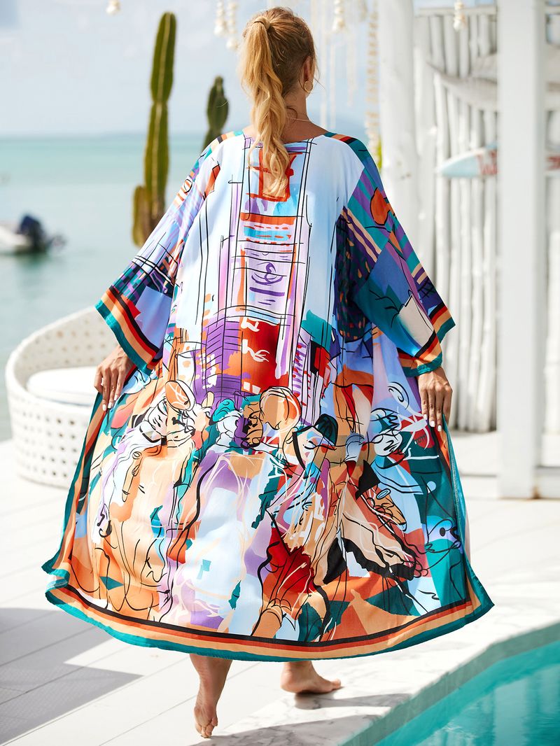Women's Beach cover-up rayon positioning printed cardigan holiday sun protection shirt _voghion.com