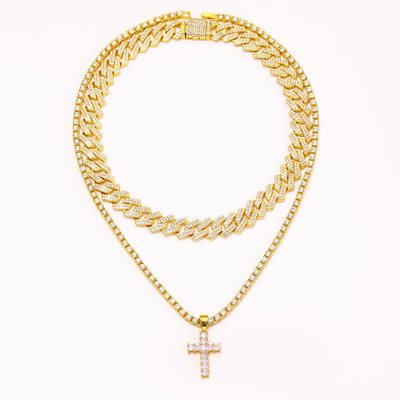 Pendentif croix diamant alliage chaîne cubaine chaîne à une rangée ensemble d'accessoires pour tous les colliers hip hop_voghion.com