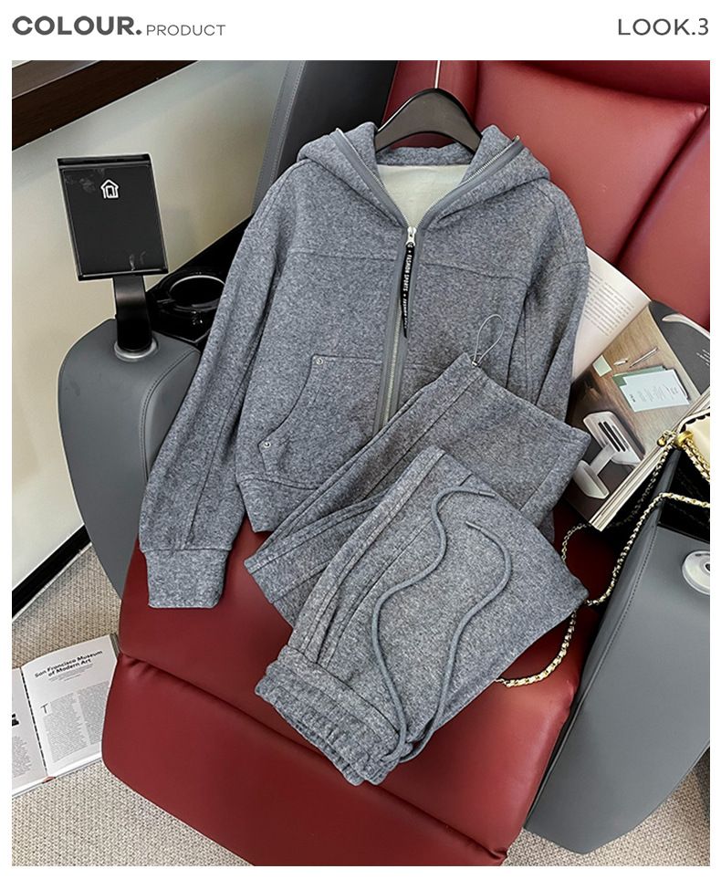 Damenbekleidung Damen Herbst neues Design trendiger Modeanzug lockerer, schlanker Strickjackenanzug mit Kapuze, weite Hose, zweiteiliger Anzug_voghion.com
