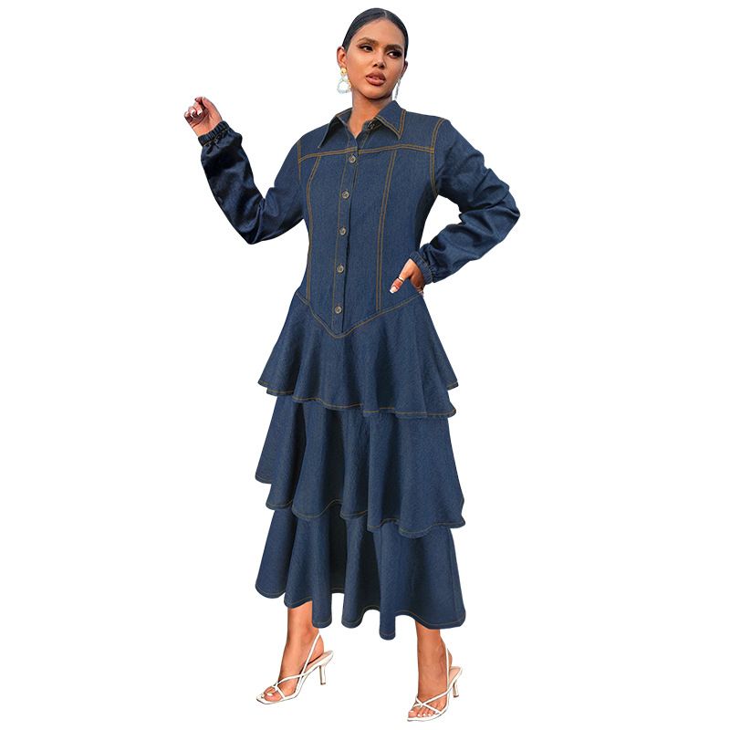 Women’s Denim Tiered Dress – Long Sleeve Lapel Collar Maxi Dress (Dark Blue, S-2XL)_voghion.com