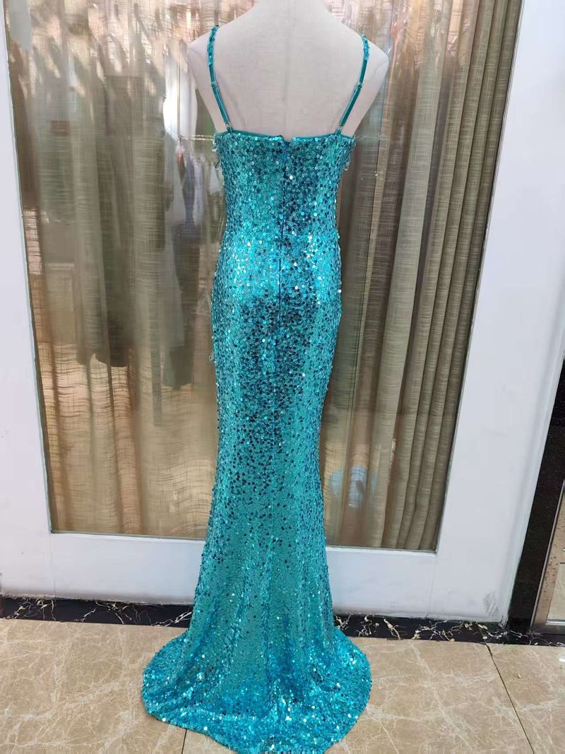 Elegante abito da sera aderente con schiena scoperta e paillettes blu per donna - Splendido spacco e design a vita alta, perfetto per feste, banchetti e occasioni speciali_voghion.com