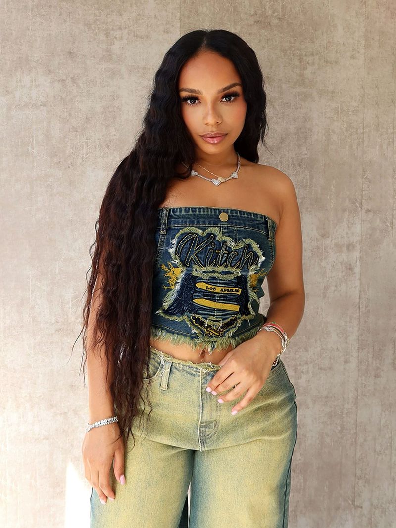 Women's Clothing Stretch Denim Fabric Patch Embroidery Denim Top_voghion.com