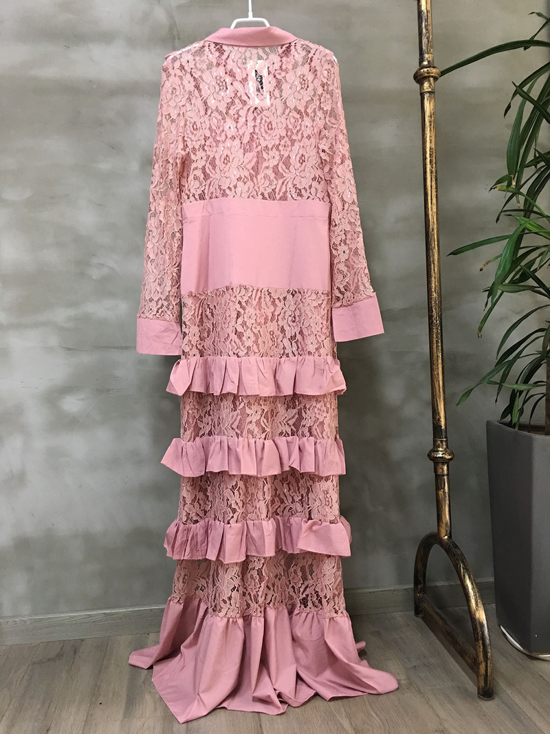 Camicia da donna casual alla moda in pizzo con colletto a maniche lunghe con orlo a forma di fungo, gonna lunga multistrato con gonna lunga con spilla_voghion.com
