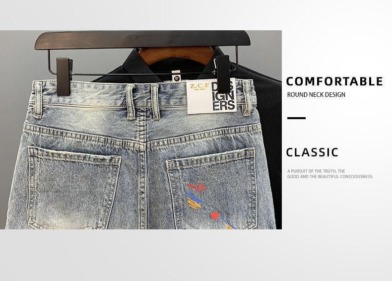 Pantaloncini in denim da uomo con stampa personalizzata e schizzi d'inchiostro, pantaloni estivi_voghion.com