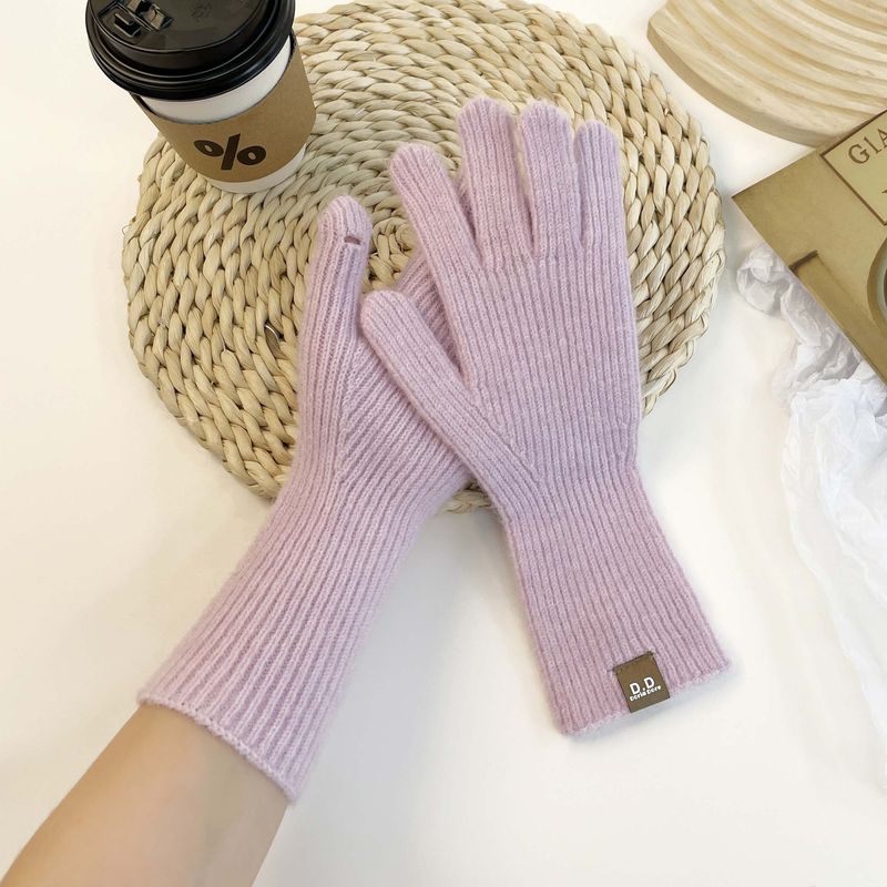 Μονόχρωμο πλεκτό χειμωνιάτικο γυναικείο ζεστό και αντιολισθητικό glo με οθόνη αφής, κορεάτικη έκδοση με χοντρό μαλλί για χώρισμα δακτύλων_voghion.com