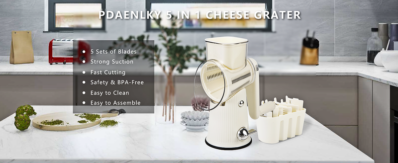 Rotary With Handle, 5-in-1 Cheese Grater Hand Crank, Strong Suction Cup Base, White_voghion.com