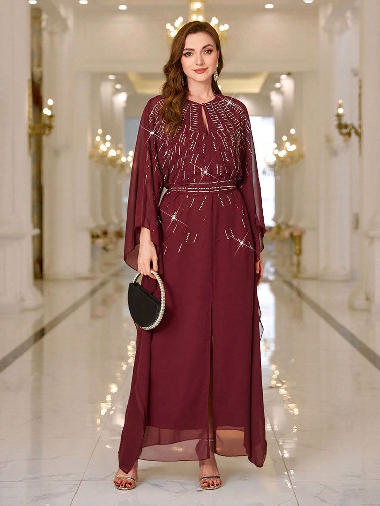 Elegante abito da sera in chiffon con strass da donna – Abito da festa a trapezio con maniche lunghe (bordeaux, S/M/L) Abito vintage con cintura a vita alta_voghion.com