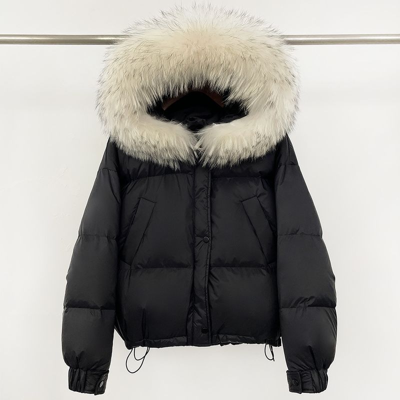 Piumino invernale da donna con cappuccio staccabile in pelliccia di procione, cappotto corto trapuntato, S/M, bianco/nero/kaki_voghion.com