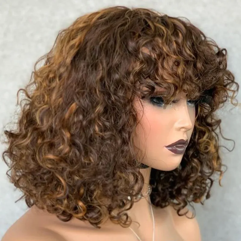 Jerry Curly Short Pixie Bob Cut Echthaarperücken mit Pony, klebefreie Perücke, Highlight, honigfarbene, wasserwellige, blonde Perücken für Frauen_voghion.com
