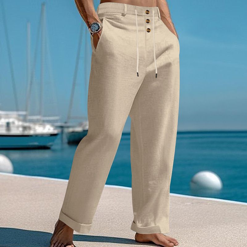 Pantaloni casual da spiaggia a vita alta con spalline dritte in cotone e lino, nuovi alla moda per uomo, primavera e autunno_voghion.com