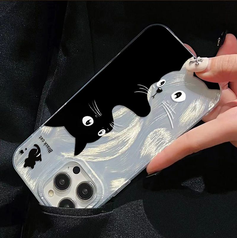 Custodia per telefono con gatto nero dei cartoni animati per iPhone 16 15 Custodia per iPhone 13 11 12 14 Pro Max XR XS X 7 8 Plus SE2 Custodia con piume argentate_voghion.com