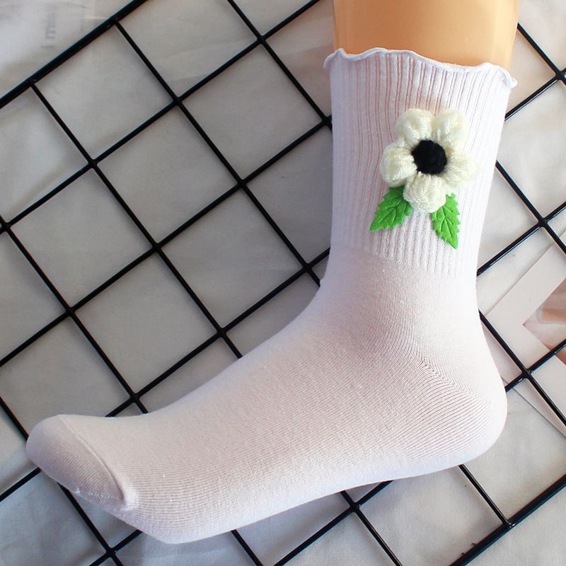 Calzini da donna in lana con fiori, autunnali e invernali, casual, in cotone, caldi, a metà tubo, con orecchie di legno, alla moda_voghion.com