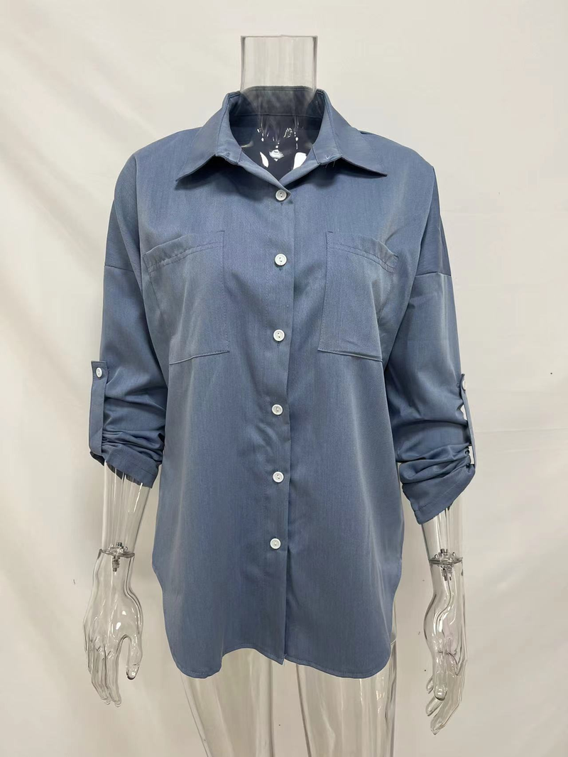 Camicia in denim da donna, camicia da cappotto casual all-match a maniche lunghe con doppia tasca ampia_voghion.com