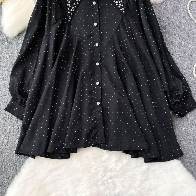 Maglietta monopetto ampia di media lunghezza con borchie, a maniche lunghe, leggera e di alta qualità, da donna, top casual da donna_voghion.com