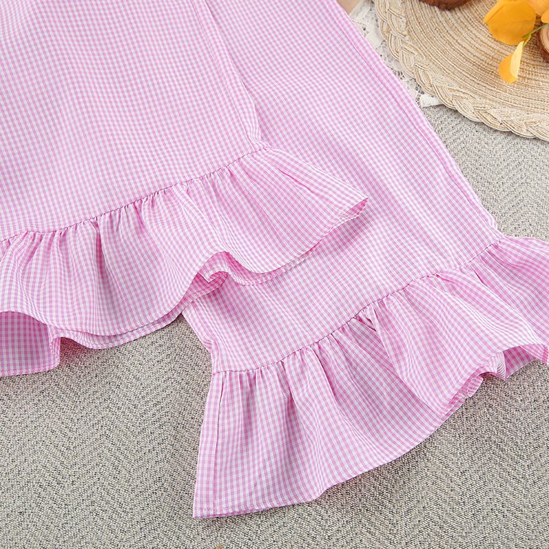 Pigiama da donna, cardigan a maniche lunghe con volant e plaid rosa, pantaloni con lacci, due pezzi, abbigliamento per la casa_voghion.com
