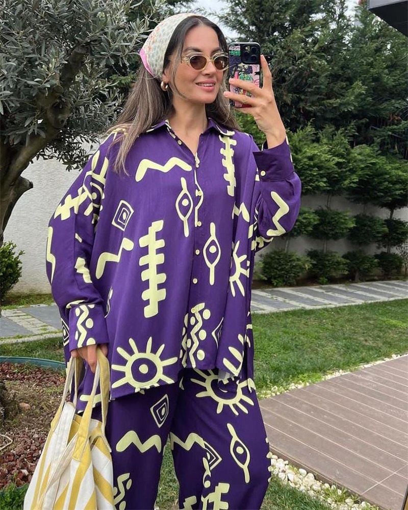 Abbigliamento da donna spot abbigliamento da donna 2024 nuova moda top larghi stampati con lacci pantaloni a vita alta gamba larga set due pezzi_voghion.com