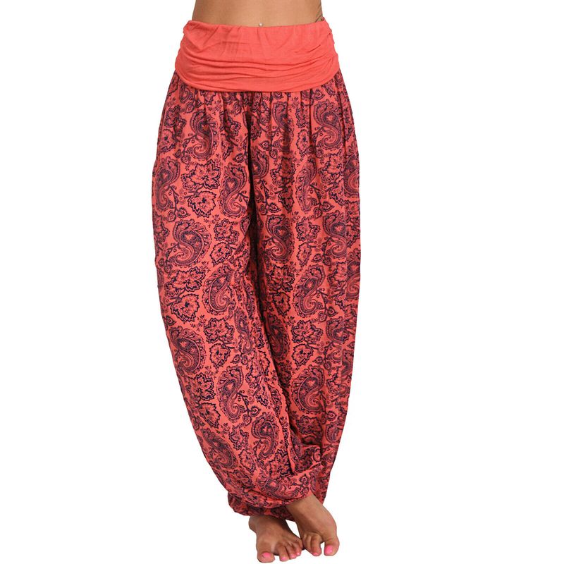 Roupas femininas Impressão digital Calças longas e largas Calças casuais Calças harém_voghion.com
