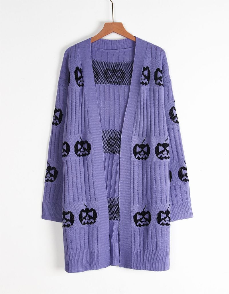 Halloween Pumpkin Jacquard Cardigan Sweater For Women - Acrylic Knit Open Front Coat With V-Neck, Long Sleeve (Black/Orange/Purple)_voghion.com