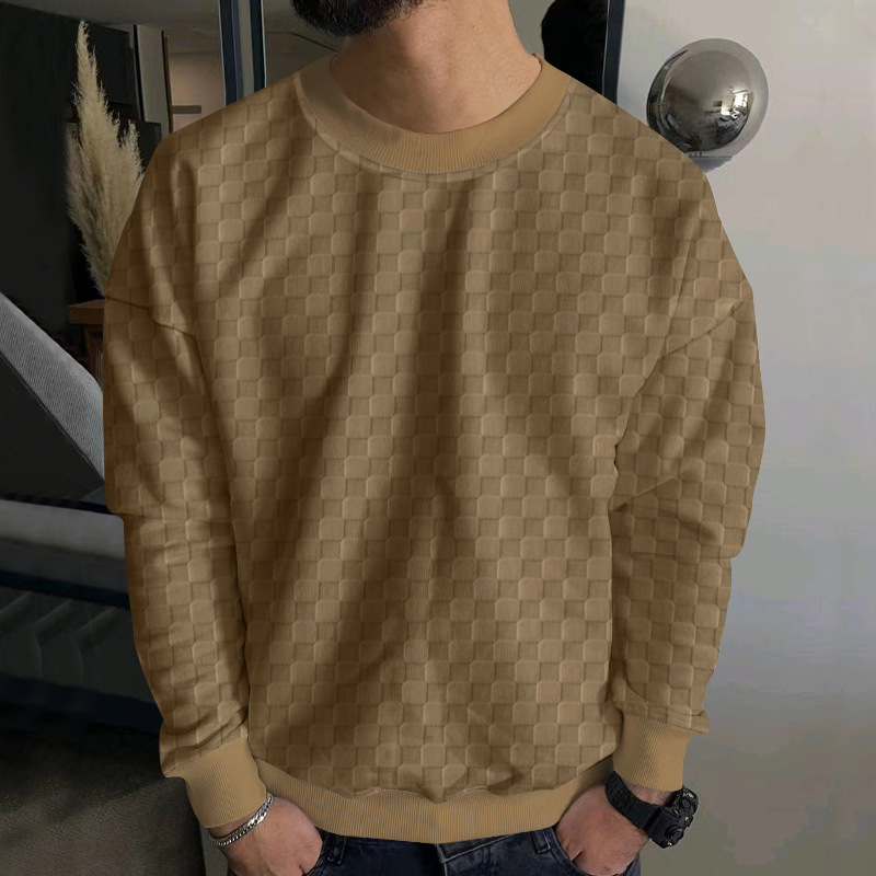 Heren herfst- en wintergebreid herenshirt met jacquard schaakbordruit ronde hals casual onderkant top met lange mouwen_voghion.com
