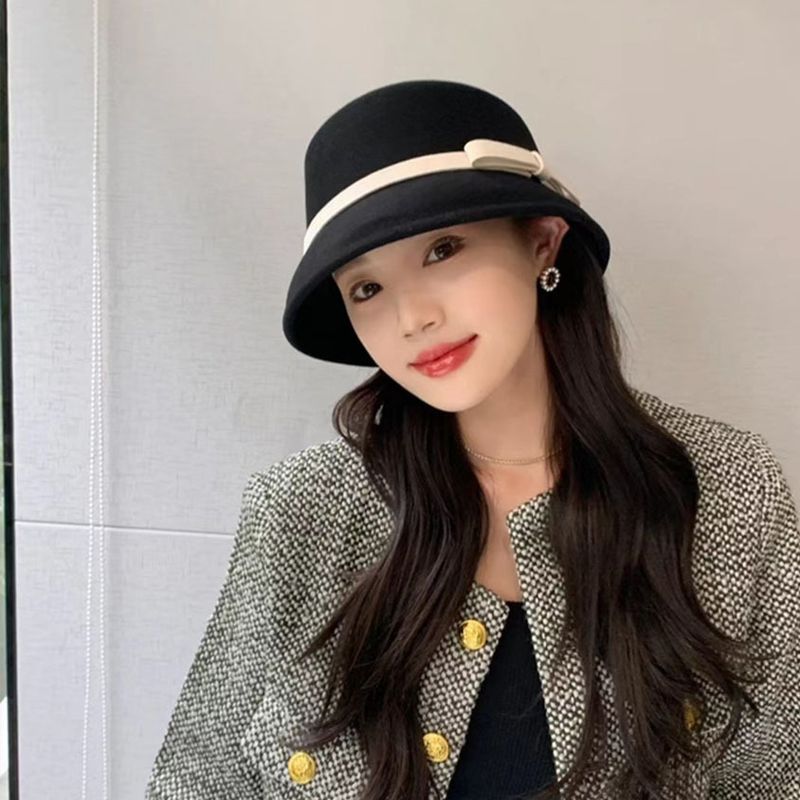 Korean-style Fashionable Bucket-shaped Leather Buckle Women's Autumn And Winter Wool Small Fashionable Casual Felt Hat, Suitable For Shopping_voghion.com