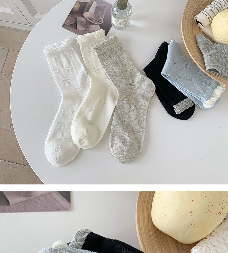 Calzini da donna blu con fiocco a metà polpaccio, estivi in cotone sottile, nuovi e carini calzini per il tempo libero con bordo in pizzo 2025_voghion.com