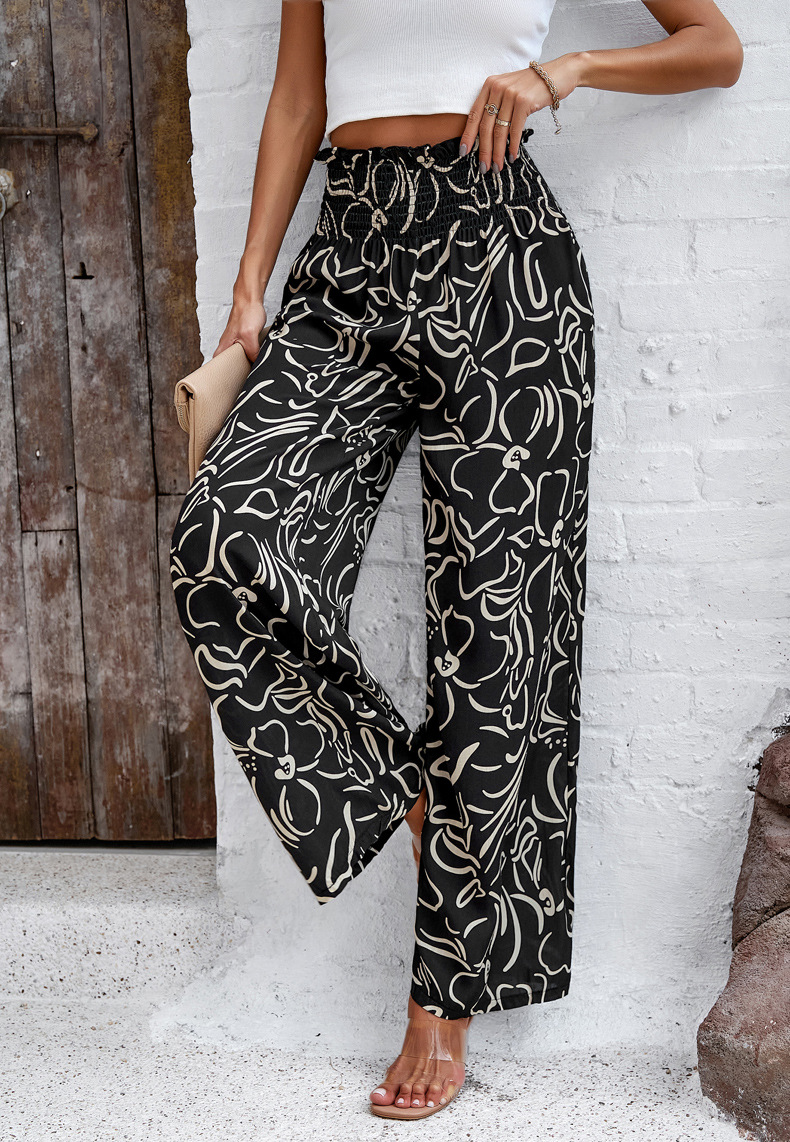 Pantaloni larghi e larghi da donna, in misto cotone stampato, eleganti, primavera-estate_voghion.com