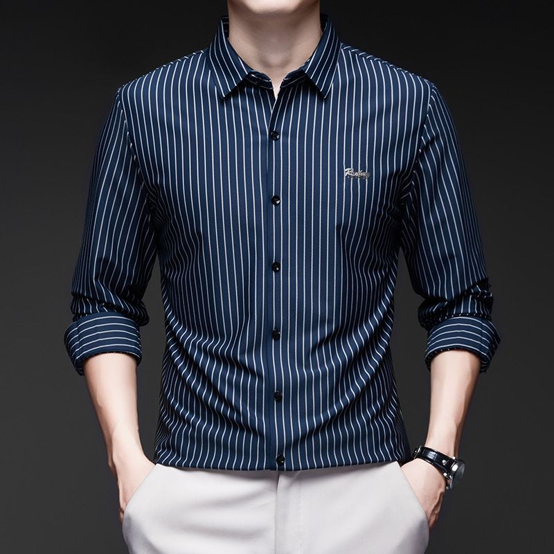 Ds27121 Hohe Elastizität Nahtlose High-End Business Casual Gestreiften Frühling Und Herbst Basis herren Langarm Revers Hemd_voghion.com