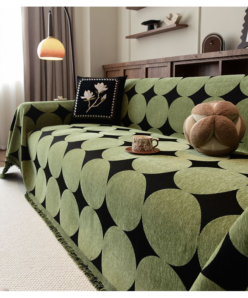 Housse de canapé en chenille d'inspiration vintage avec pompons - Motifs géométriques et abstraits - Tissu doux et résistant - Convient aux canapés 2 à 4 places - Style nordique_voghion.com