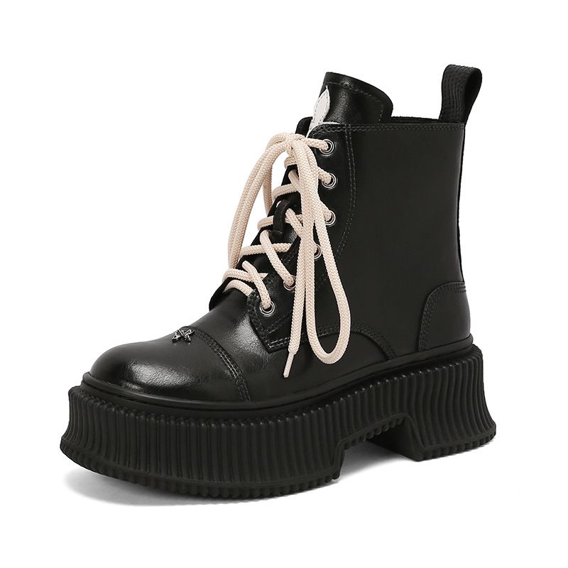 Super Cool Workwear Casual Style Height-Increasing Thick-Soled Martin 2025 Winter Chunky High Heel Round Toe Lace-Up_voghion.com