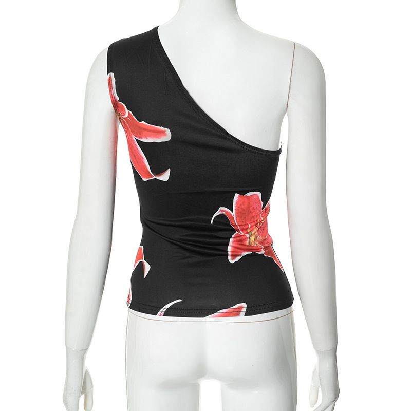 E24TP016 Women's 2025 Summer New Style Slant Shoulder Printed Casual Versatile Top T-shirt_voghion.com