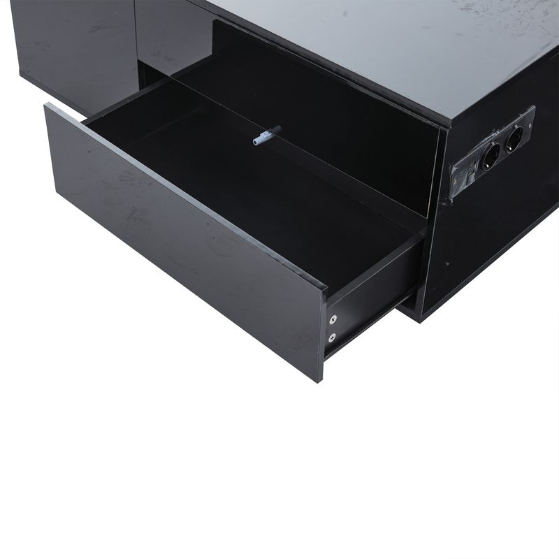Table basse réglable en hauteur 95 x 48 x 42 cm avec rangement dissimulé, éclairage LED, tiroir et prise de courant - Table d'appoint de salon noire_voghion.com