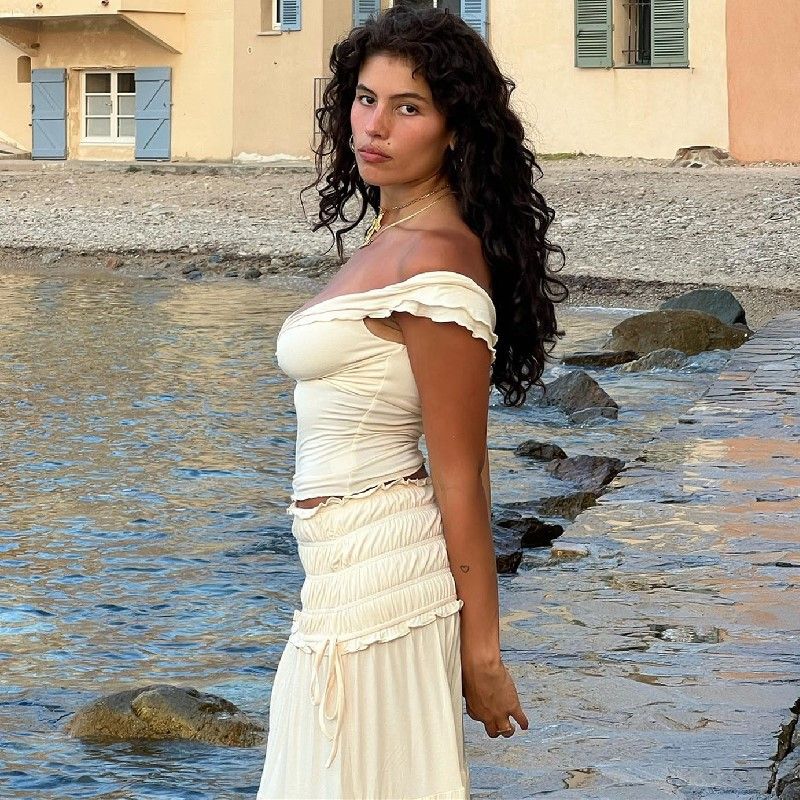 Elegant V-Neck French Style Slimming Top With Ruffled Hem & Sexy Midi Skirt Set – Trendy Women's Outfit_voghion.com