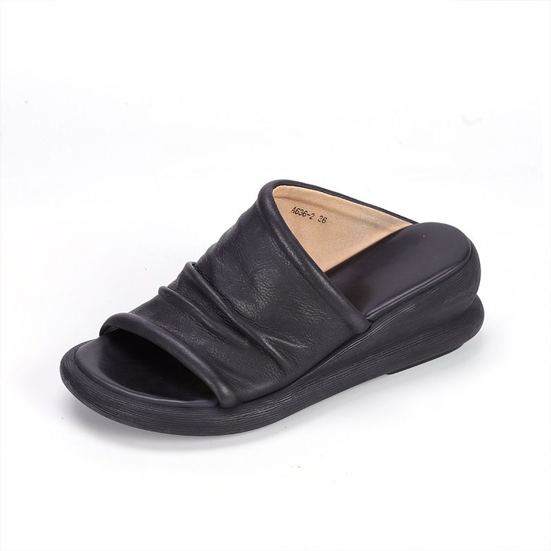 Genuine Leather Outdoor Slippers For Women With Ruched Design, Wedge Heel, Thick Sole, Height Increasing, Versatile_voghion.com